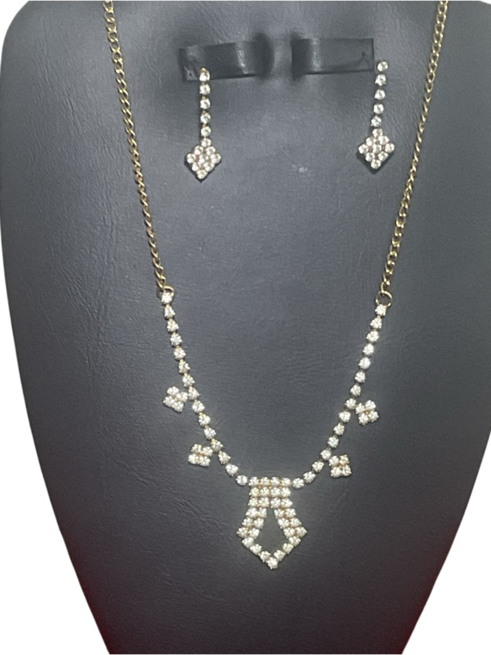Vintage Rhinestone Necklace & Drop Earrings Set Gold Tone Statement Bridal Prom